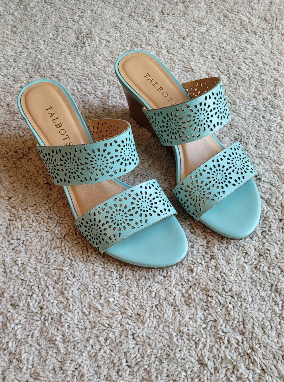 Talbots Leather Cutout Double Strap Wedge In  Light Teal